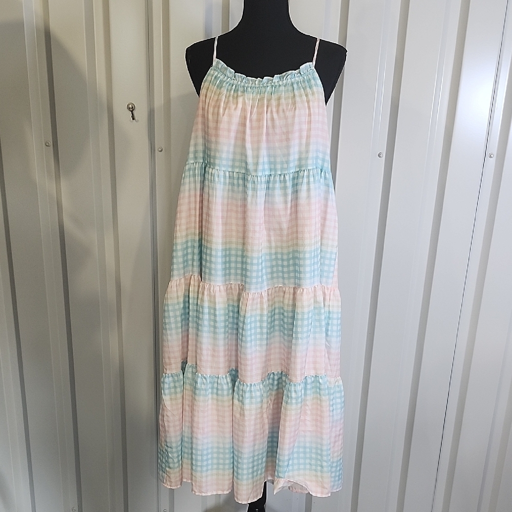 Storia Womens Pastel Gingham Check Flowy Mid Dress Size Medium Lightweight Lined - Picture 1 of 7